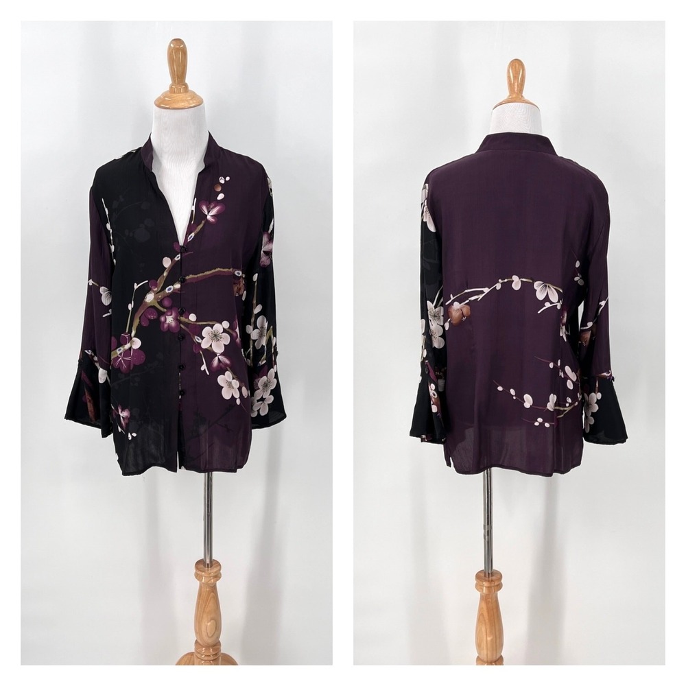 CITRON Floral Printed Silk Top Medium Purple Floral Button Front Long Sleeve